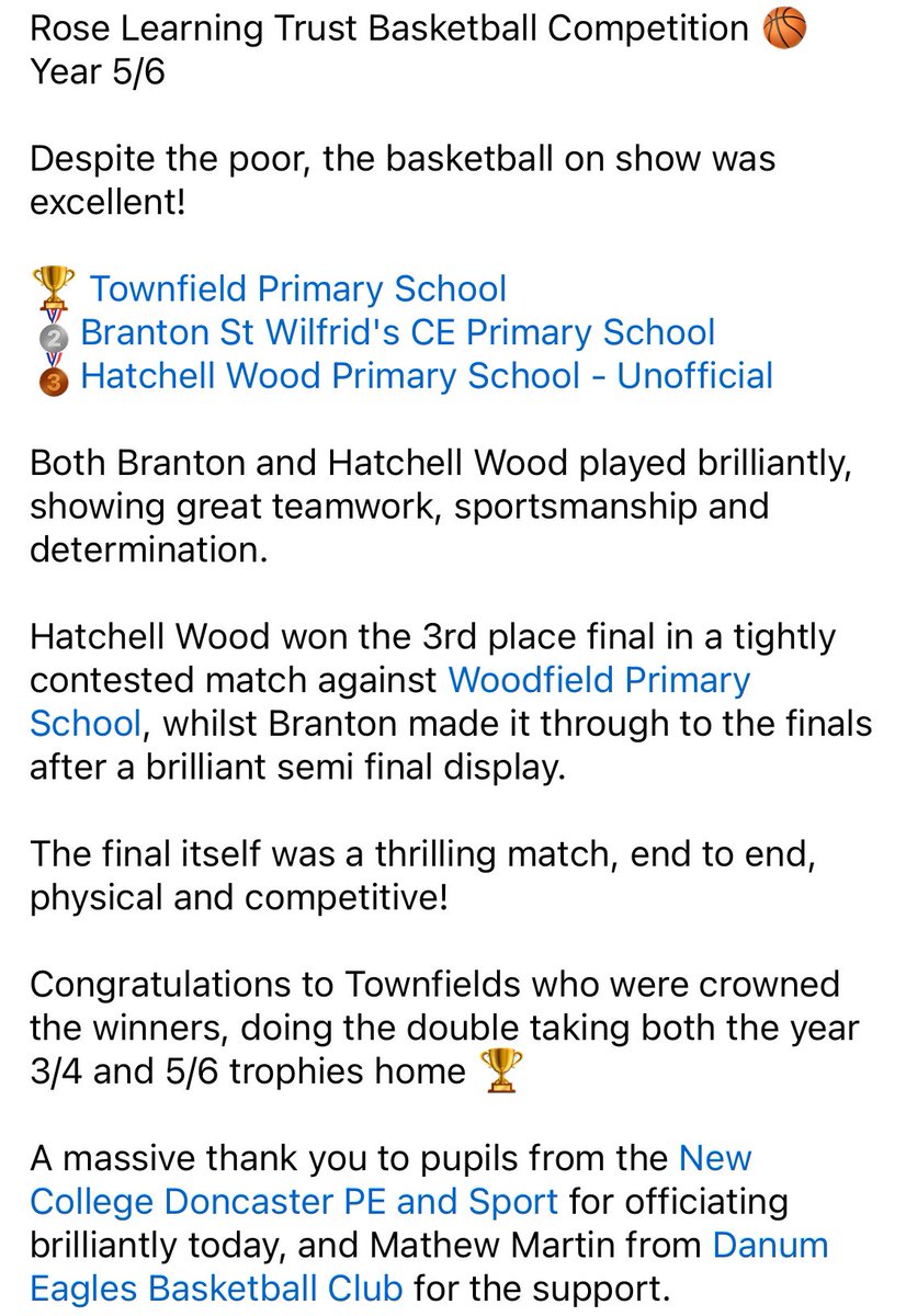 @TheRoseLearning Year 5/6 Basketball Competition 🏆@TownPrimary 🥈@BrantonLearners 🥉@HatchellWood Another great afternoon of basketball, a massive thank you to pupils from @ncdoncaster for refereeing and @DanumEagles for their support today! @WoodfieldPS