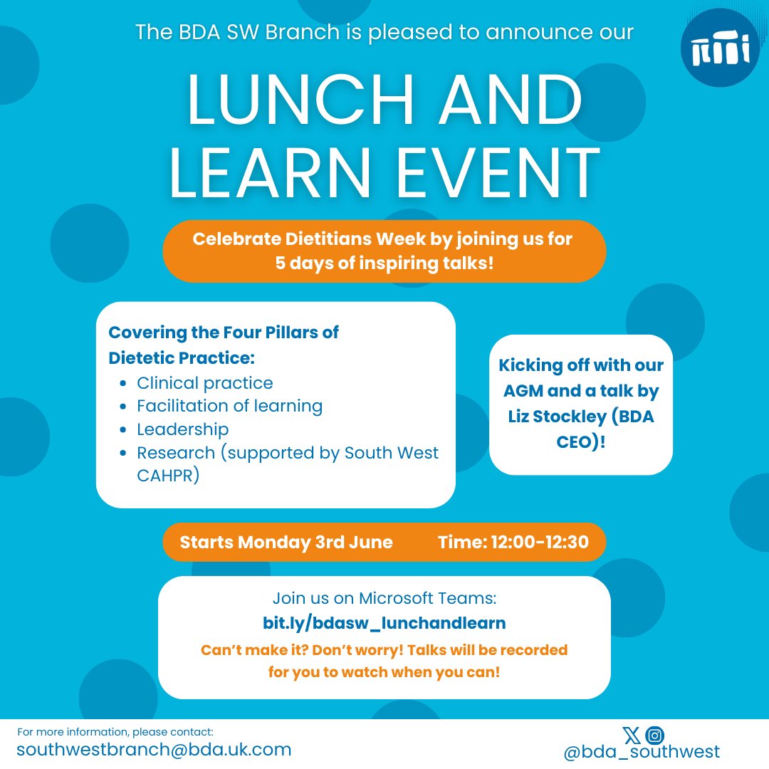 Did you get the memo? 👀 Join us for our Lunch and Learn sessions this Dietitians Week! We have some fantastic guest speakers lined up for this 5 day event, so don't forget to tune in on Microsoft Teams, starting Monday 3rd June 💙