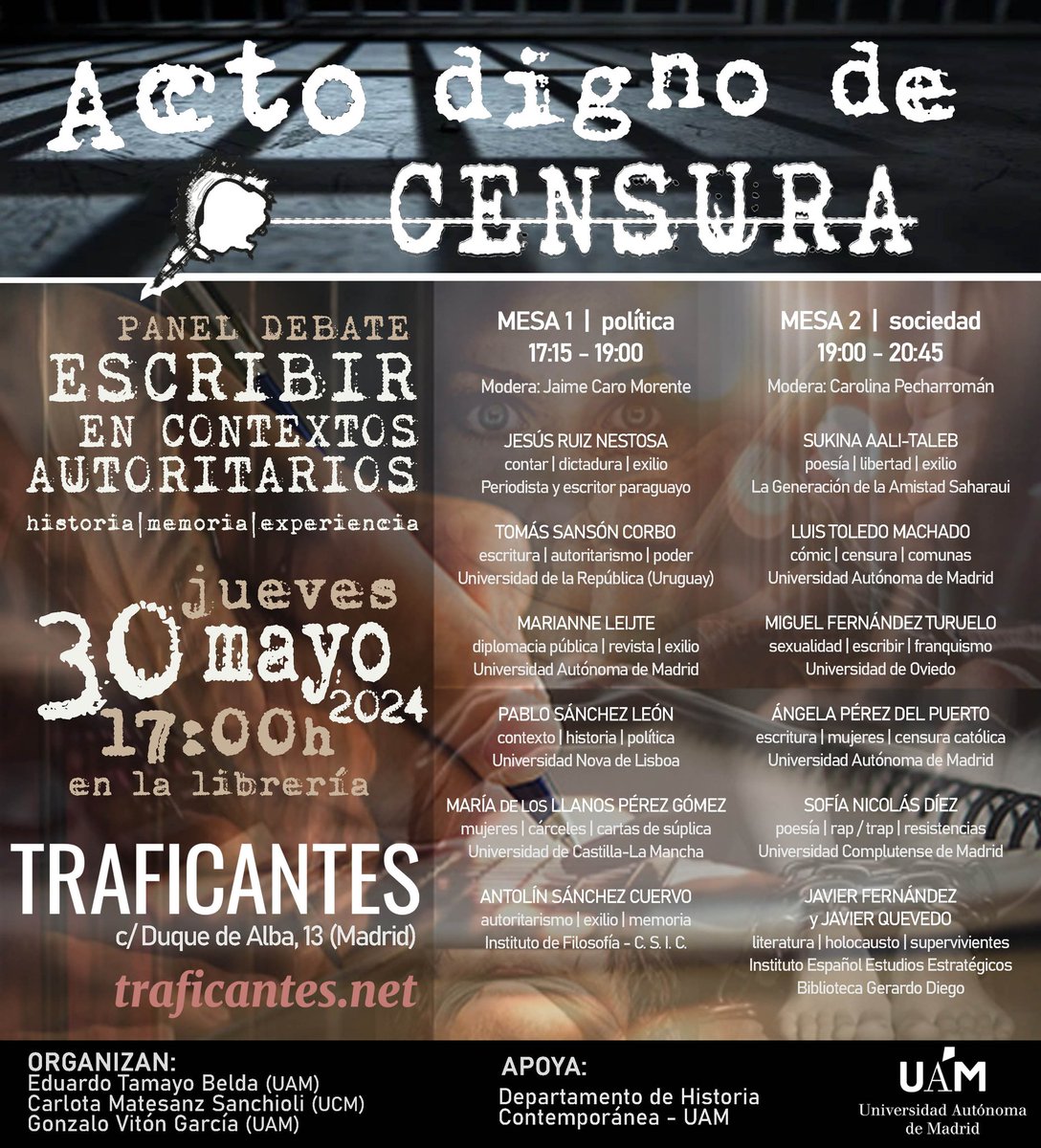 ✍️ La semana que viene no te pierdas estas mesas redondas sobre escritura, memoria e historia, con grandes especialistas. En nuestro caso, estaremos hablando de literatura, lectura y #Holocausto. 🗓 30 mayo. 🕔 17 h. 📍 @traficantes2010 Acto digno de censura 😉