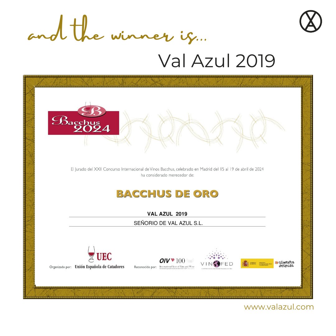 Nuestro Val Azul 2019 nos ha traído muchas alegrías. Pero este #Bacchus de Oro, junto con el de Fabio 2019, es un colofón perfecto para una gran añada. Conseguido en la edición 2024 de este gran concurso internacional de la #UniónEspañolaDeCatadores. #premiosbacchus #vino