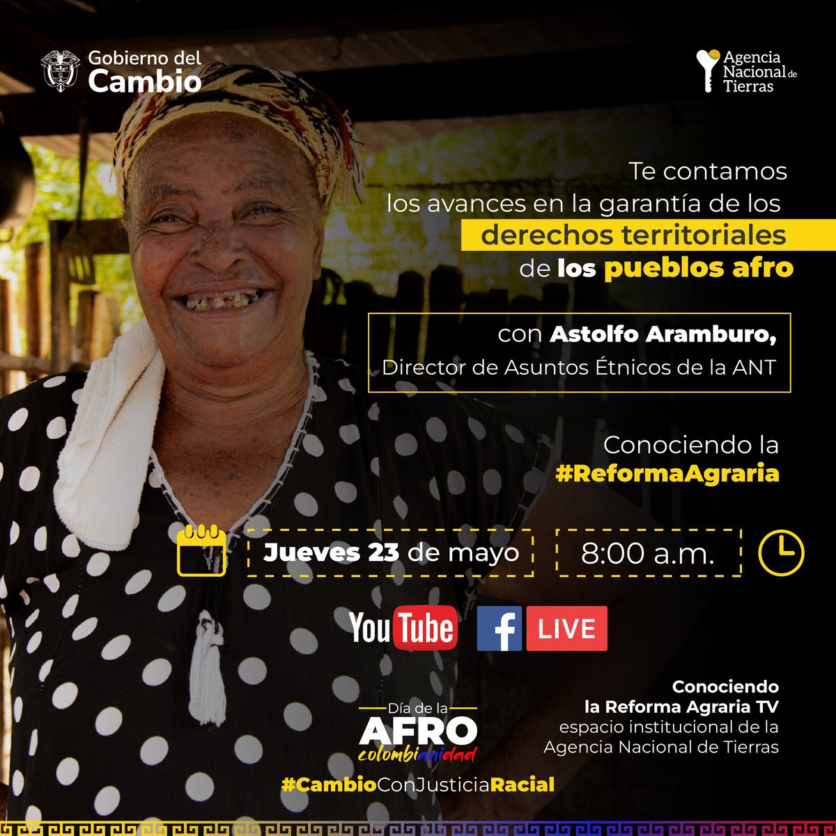 📌 Este jueves tienes una cita para aclarar dudas sobre los avances en la garantía de los derechos territoriales de las comunidades afrodescendientes, en 'Conociendo la #ReformaAgraria' 📅 Jueves 23 de mayo ⌚ 8:00 a.m. 🎥🔴 lnkd.in/ecKmkQfD 🎥🔵 lnkd.in/eQve4e57