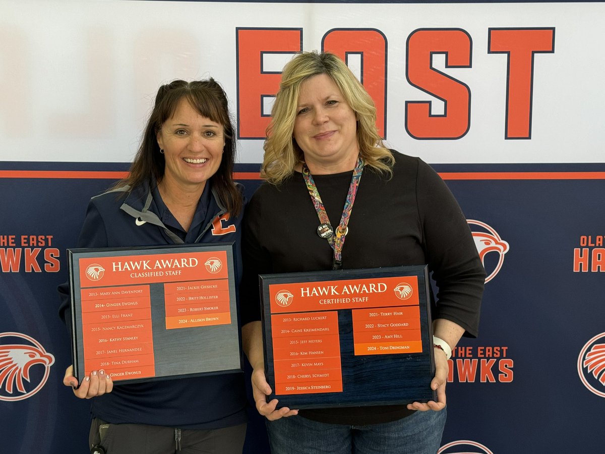 Congratulations to Allison Brown and Toni Dringman…the Classified and Certified Hawk Award recipients for 2024. Thank You for all you do!!! Hawk Proud!!! @OEastAthletics @OEActivities