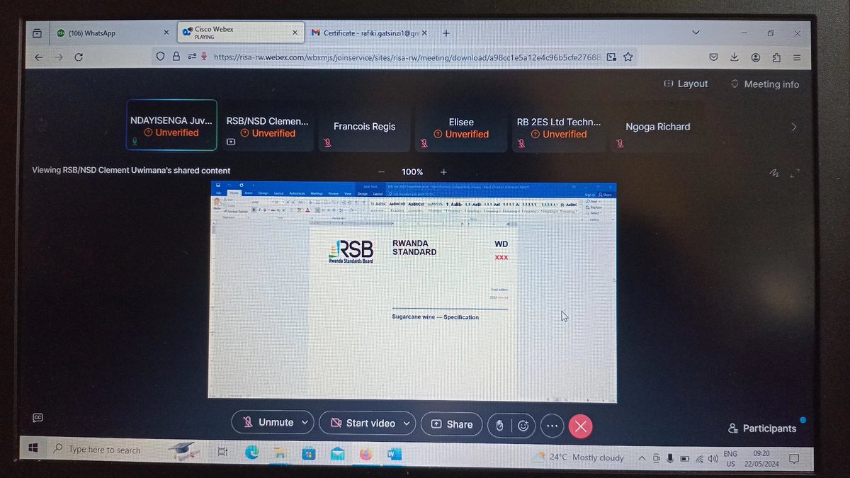 Today, i have participated in the review of the draft of the sugar cane wine standard with Rwanda Standard Board. Proud to contribute to maintaining quality standards in our local products! 🍷 #Rwanda #QualityControl #LocalProduct #Foodquality