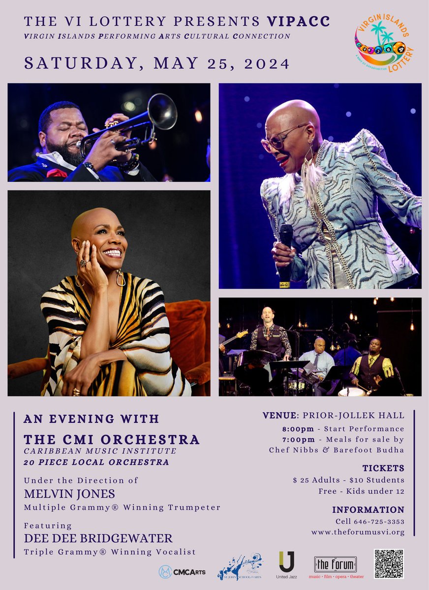 THE VIRGIN ISLANDS PERFORMING ARTS CULTURAL CONNECTION (VIPACC) presents DEE DEE BRIDGEWATER
Grammy® Award-winning jazz singer performs alongside the Caribbean Music Institute Orchestra (CMIO)
Saturday, May 25, 2024 | 8:00 pm
Prior-Jollek Hall, Antilles School Campus
