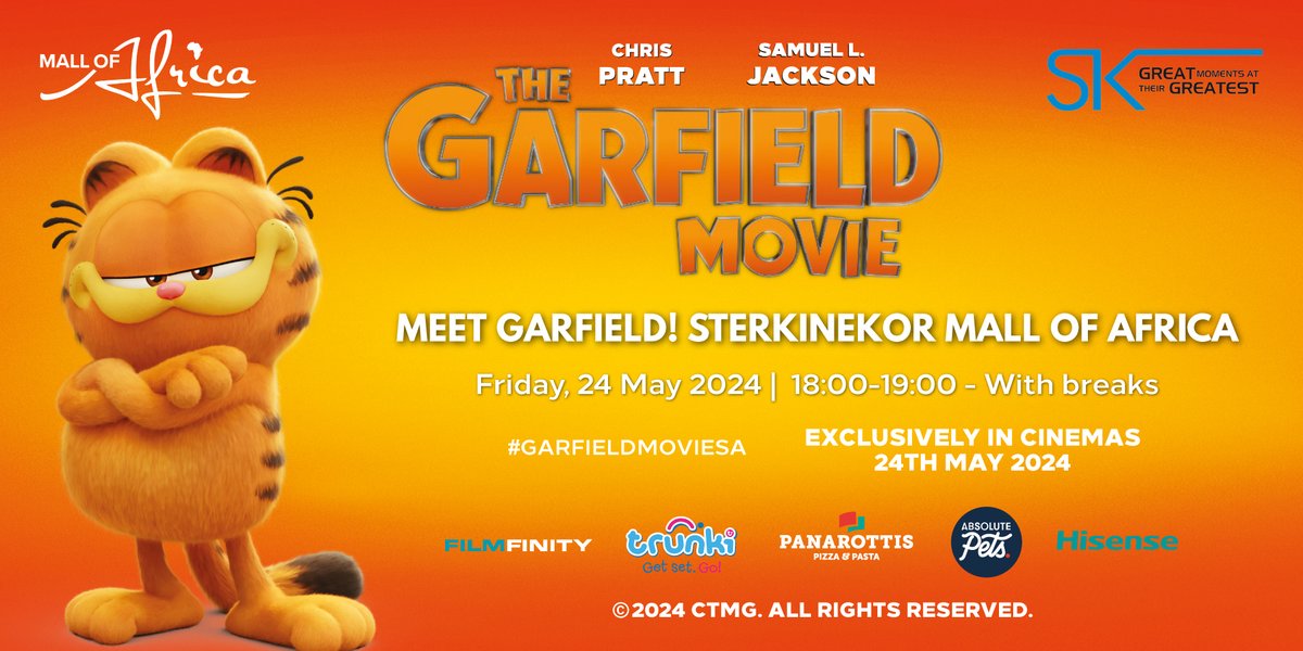 In celebration of @Sterkinekor 's opening launch of the highly anticipated Garfield Movie, meet and shake paws with Garfield himself here at Mall of Africa on Friday 24 May from 18:00-19:00. 🧡 #MallOfAfrica #SterKinekor #Garfield #GarfieldMovie