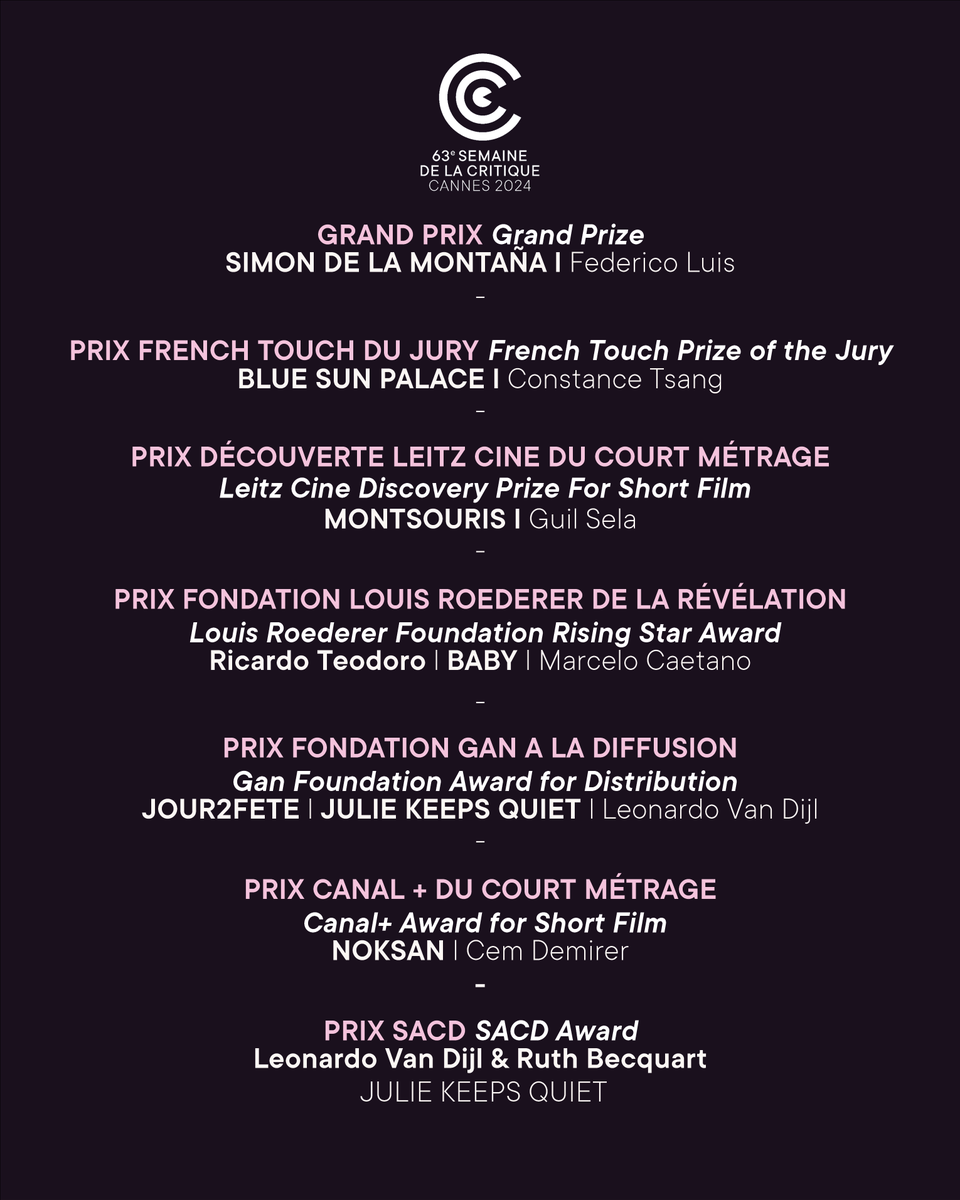 semainecannes's tweet photo. ✨ PALMARES 2024 l AWARDS 2024 ✨
#semainedelacritique #sdlc2024 #cannes2024 https://t.co/VfJ7a9g7uy