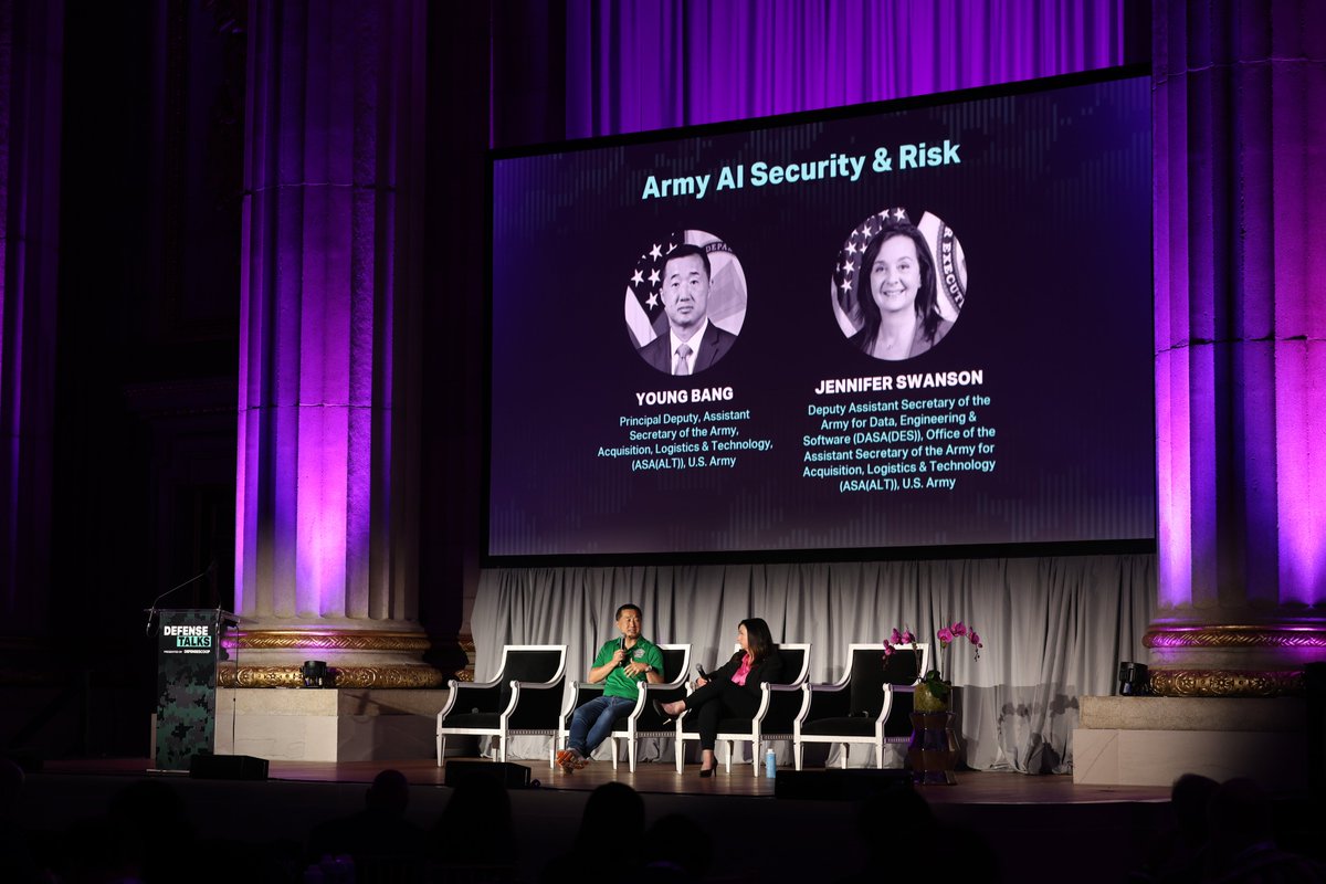 Young Bang, Principal Deputy of <a href="/ArmyASAALT/">ASA(ALT)</a>, and Jennifer Swanson, DASA(DES) of <a href="/ArmyASAALT/">ASA(ALT)</a>, discussed the #DefendAI approach, AI security and risk for the Army at #DefenseTalks.