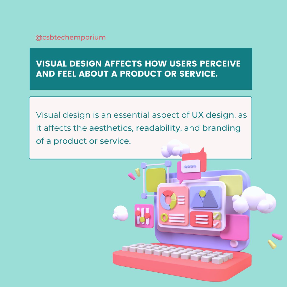 Visual design can be designed by applying various principles and techniques, such as:

🟡 Color
🟡 Shape
🟡 Image
🟡 Icon
🟡 Typography

#VisualDesign #DesignPrinciples #ColorTheory #Typography #UserExperience #UXDesign #GraphicDesign #IconDesign #CSBTech