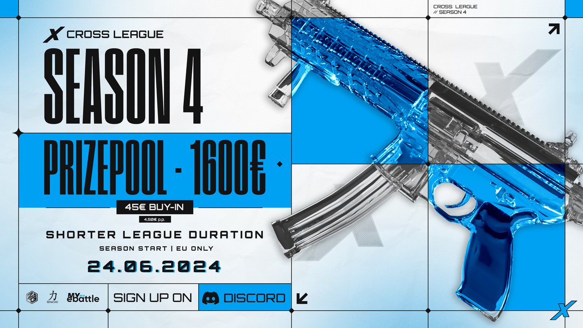 CROSS LEAGUE SEASON 4

Increased Prizepool 1600€+!!
45€ Buy-In (4,50€ Per Player)
Shorter League Duration (New &amp; faster format)
Balanced Groups
Hosted on <a href="/ebattleGG/">ebattle.gg</a> 
Open to EU! 

Signup now Open on Discord! discord.gg/THNttpuXYC