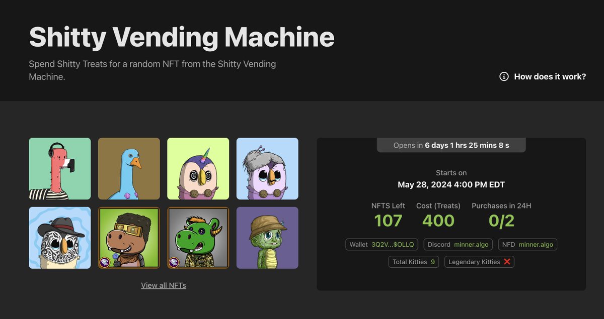 ShittyKitties_'s tweet image. The #ShittyVendingMachine opens up in 6 days and I&apos;m going shopping again! 😻

Which #AlgorandNFTs do y&apos;all wanna see in the VM this month? Let me know in the replies! 👇