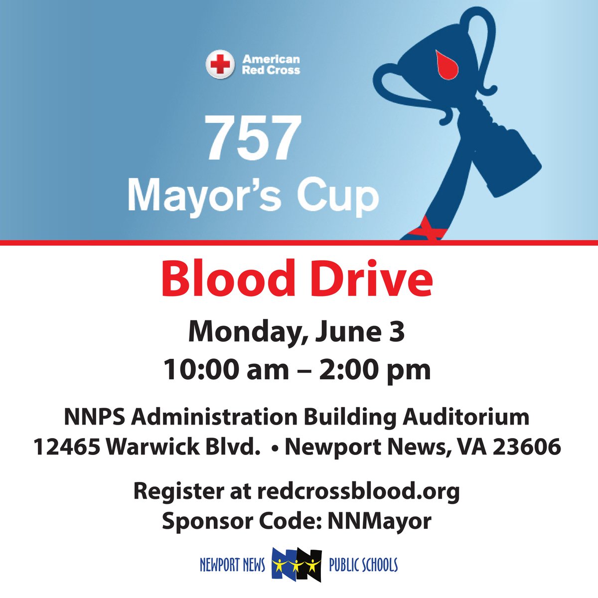 Join us for a @RedCross blood drive and score an exclusive Tetris + Red Cross T-shirt, while supplies last! Register to donate today at redcrossblood.org with sponsor code NNMayor! 📍NNPS Administration Building Auditorium 📅 Monday, June 3, 2024 ⏰ 10:00 am - 2:00 pm