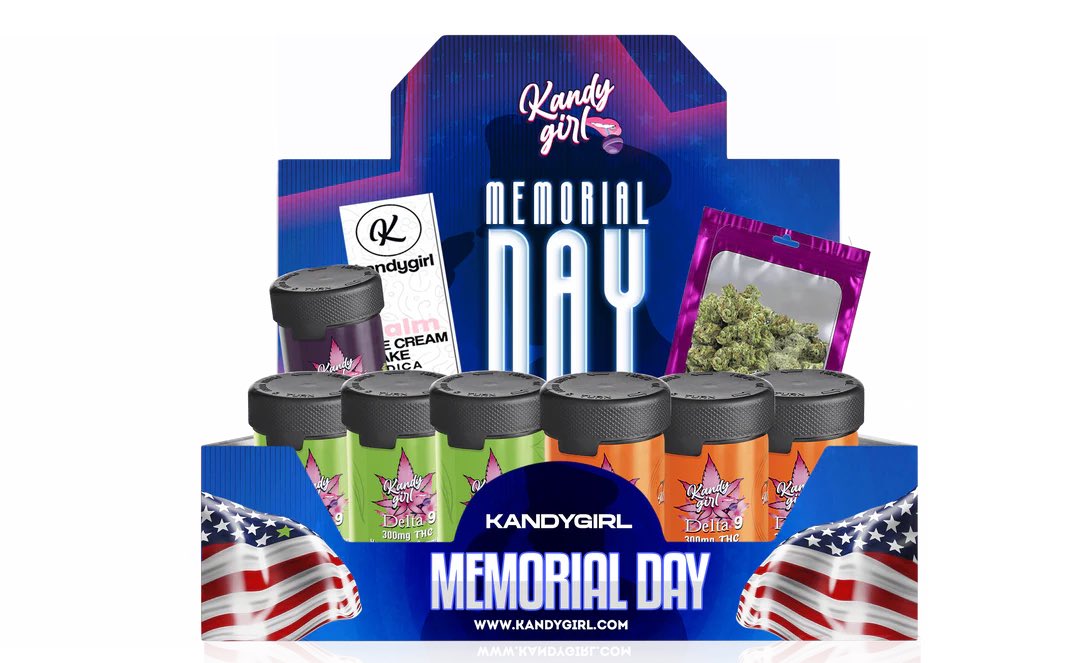 KANDYGIRL MEMORIAL DAY TRAY GIVEAWAY! Share this post to enter to win and comment below winner will be announced on Memorial Day! Shop at KANDYGIRL.com only $119 for 7 pack Delta 9 gummies 1 bag of D9 Flower and Disposable vape cart Delta 9 THC and celebrate with