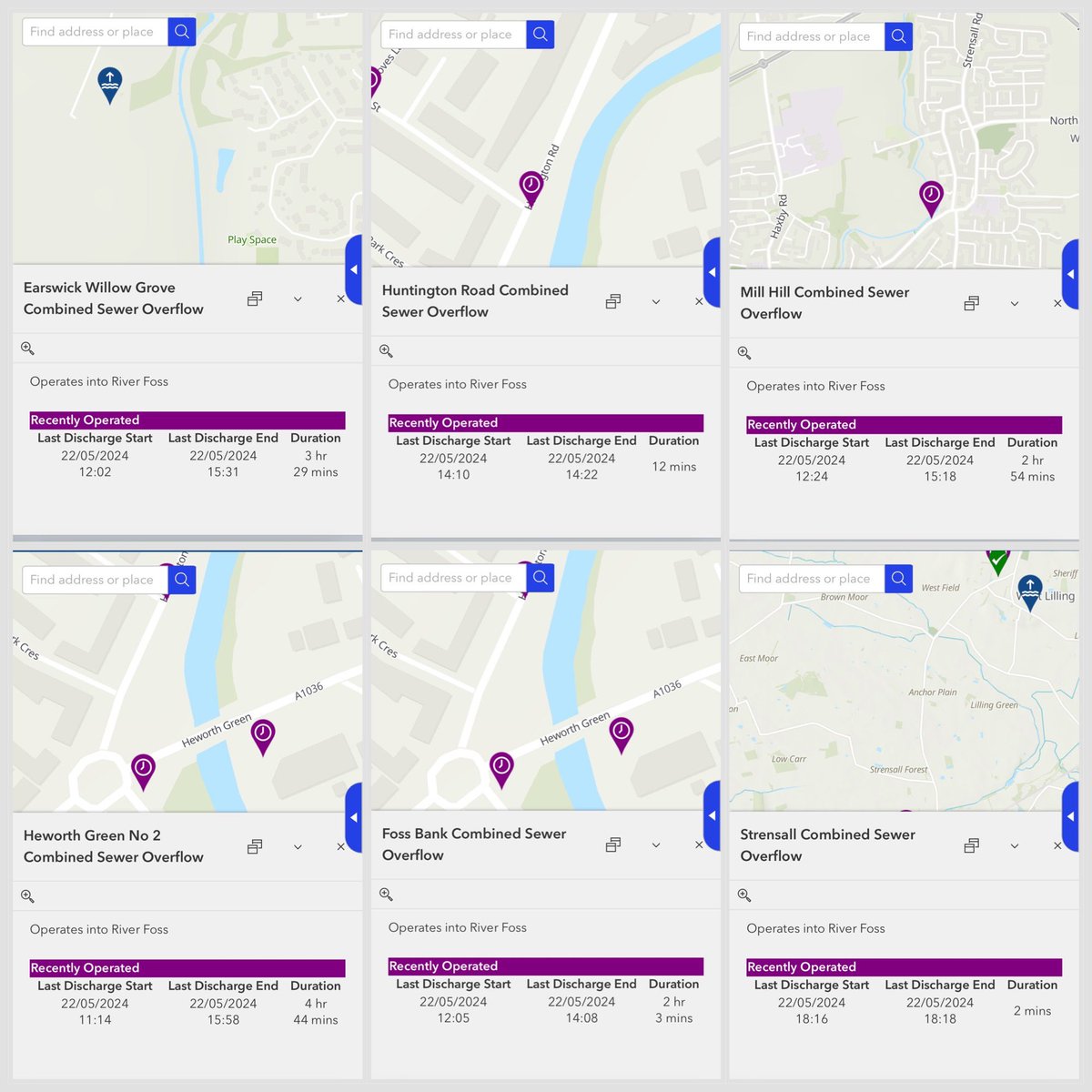 ≋D≋i≋d≋ ≋y≋o≋u≋ ≋k≋n≋o≋w≋   ….
Yorkshire Water has a Storm Overflow Map?
Here’s a taste/flavour  (no?!) of the recent activity along a few sections of the Foss today.

@yorkpress @theyorkmix 
#York #RiverFoss