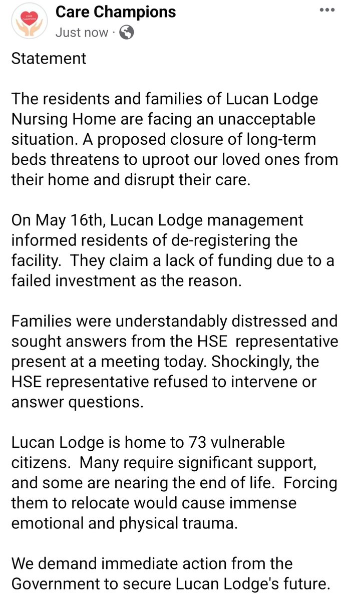 CareChampions2's tweet photo. The residents &amp; families of Lucan Lodge Nursing Home are facing an unacceptable situation. Please see their statement. This needs cross-party political &amp; urgent  intervention 
@MaryButlerTD @BernardGloster @roinnslainte @Ginosocialist @MarkWardSF @Toibin1 @joebehan https://t.co/ggEzeJ7u3r