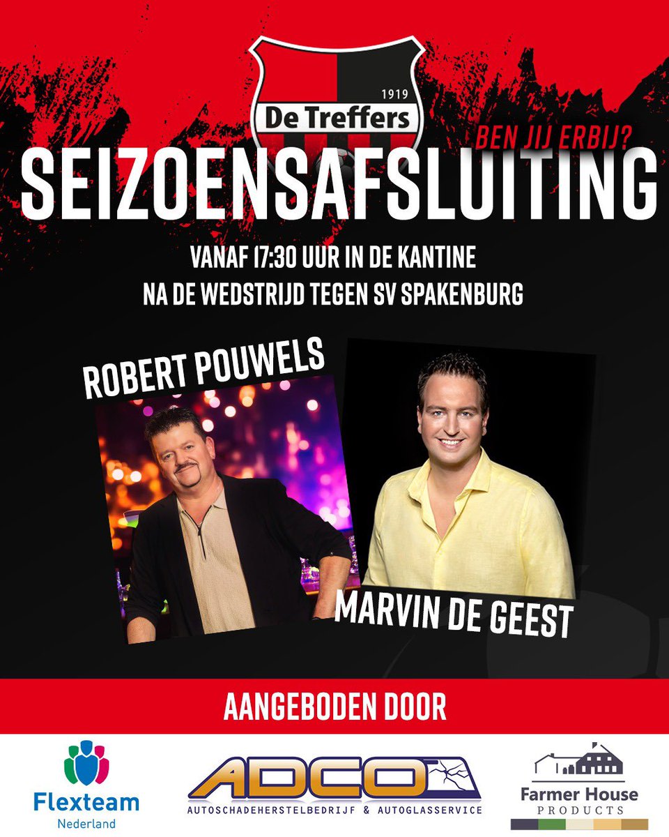 De_Treffers's tweet photo. 🔜 Aanstaande zaterdag speelt De Treffers de laatste wedstrijd van het seizoen tegen kampioen Spakenburg. 

Vanaf 17:30 uur vindt de seizoensafsluiting plaats met zangers Robert Pouwels en Marvin de Geest. Ook wordt de ADCO Speler van het Jaar bekend gemaakt! 🏆 https://t.co/moiZKpOPWq