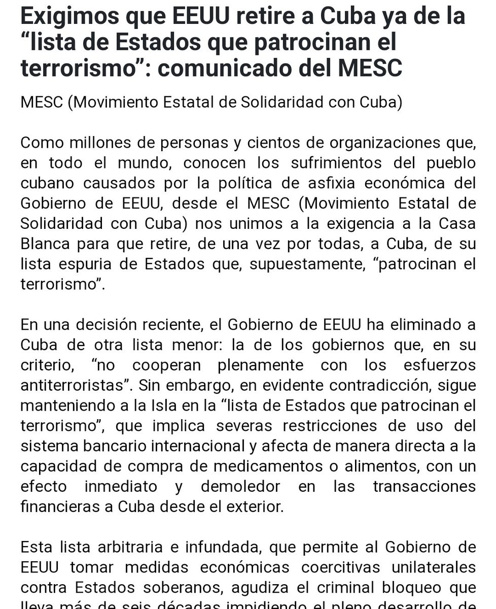 Exigimos que #EEUU retire a #Cuba YA, de la “lista de Estados que patrocinan el terrorismo”
Comunicado del MESC
A través de <a href="/cubainformacion/">Cubainformación.tv</a> 
👇🏽 cubainformacion.tv/solidaridad/20…
🇨🇺✊🏽
#CubaNoEstáSola #MejorSinBloqueo
