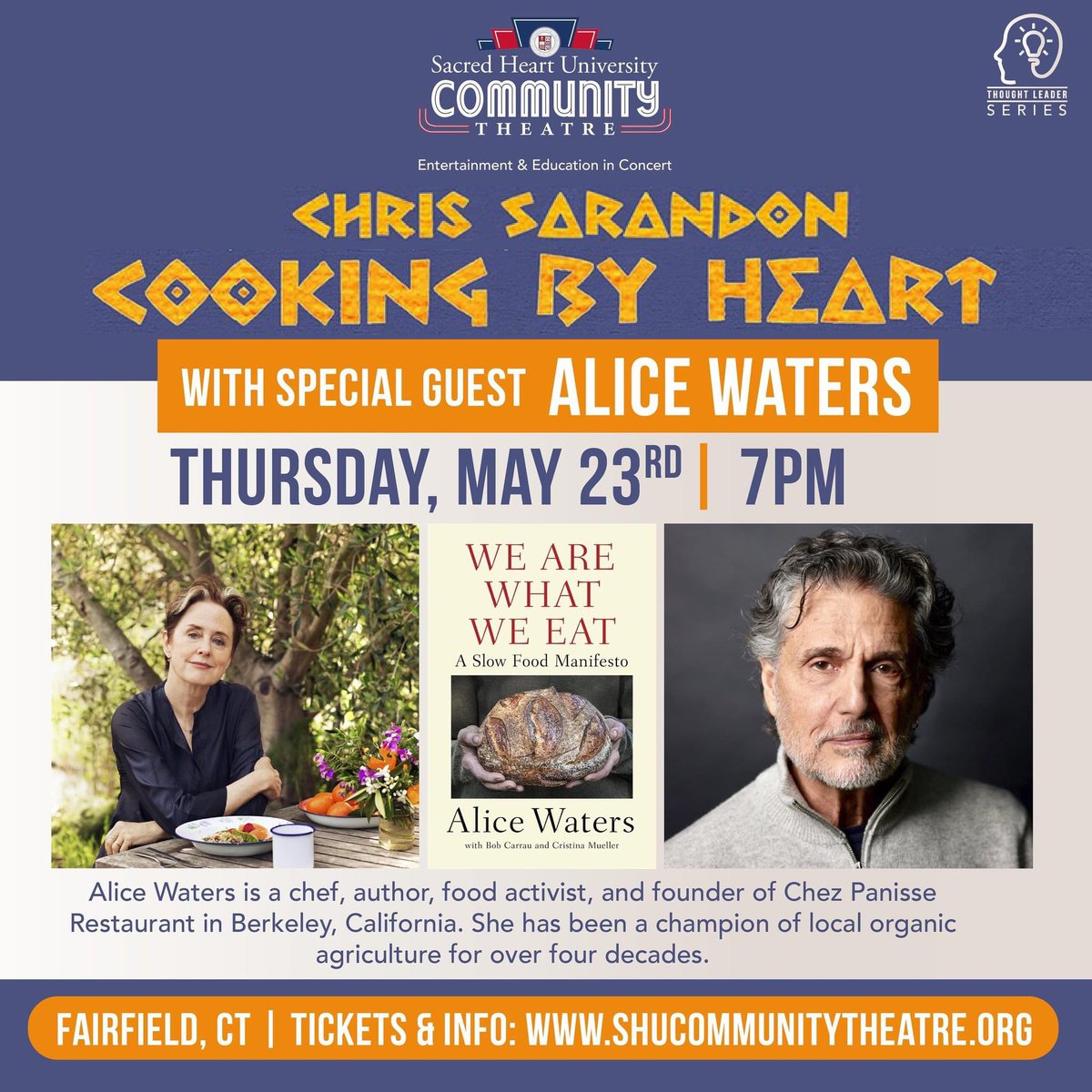 If you’re in the Fairfield, CT area Thursday, May 23, join me in conversation with the great Alice Waters as we talk memories of childhood food, the creation of her famous restaurant Chez Panisse & the emergence of the slow food movement. #chrissarandon #alicewaters #chezpanisse