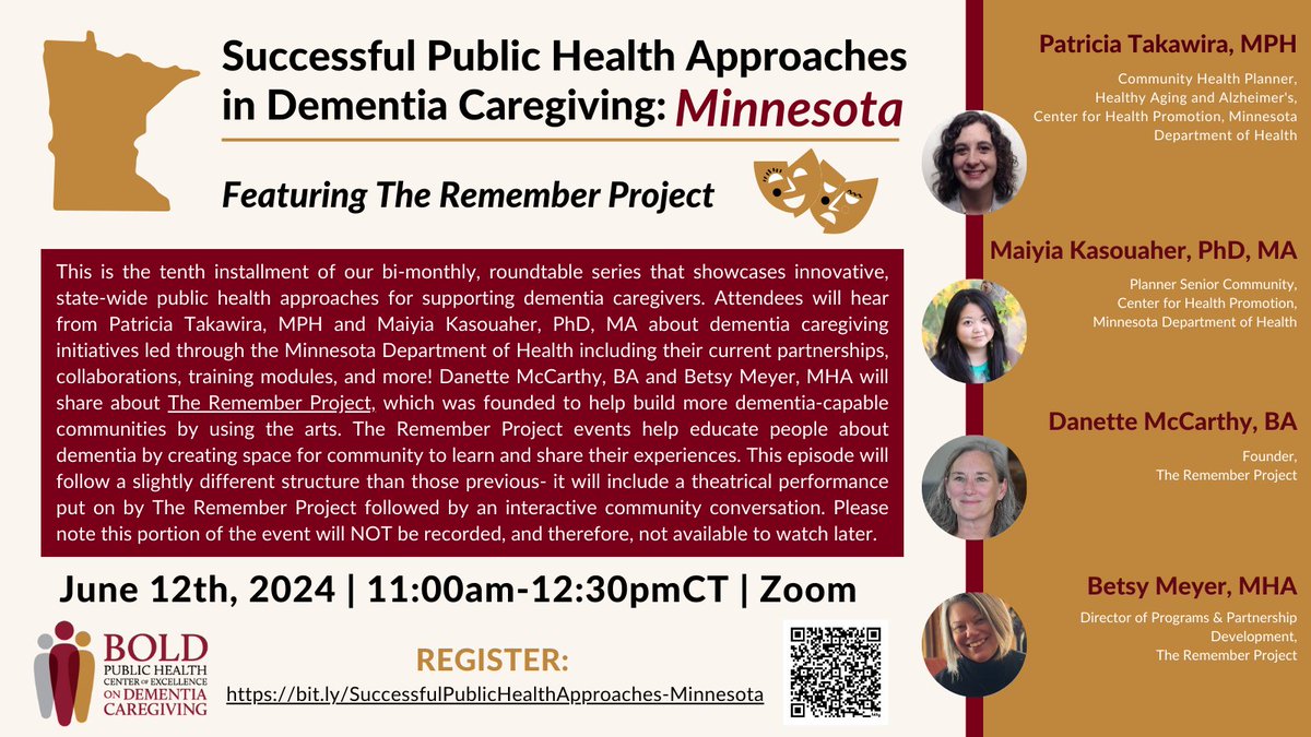 Save the date🗓️6/12 for the Minnesota episode of "Successful Public Health Approaches in Dementia Caregiving"! Learn about the work of <a href="/mnhealth/">mnhealth</a>  and <a href="/TheRememberPro1/">The Remember Project</a> and enjoy a theatrical performance and community conversation! Register at bit.ly/SuccessfulPubl….