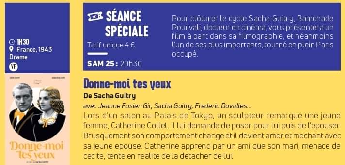 BPourvali's tweet photo. Présentation ce samedi 25 mai à 20h30 par Bamchade Pourvali de "Donne-moi tes yeux" (1943) de Sacha Guitry au Cinéma Rutebeuf de Clichy. https://t.co/hn8GVIT0Ze