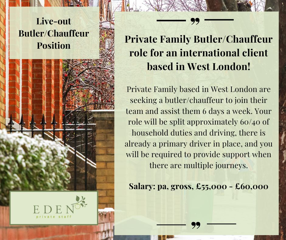 Live-out Butler/Chauffeur job in West London! edenprivatestaff.com/job/live-out-b… #chauffeur #chauffeurjob #chauffeurs #butlerjob #privatechauffeur #privatestaff #familyoffice #butlers #domesticstaff #driver #findachauffeur