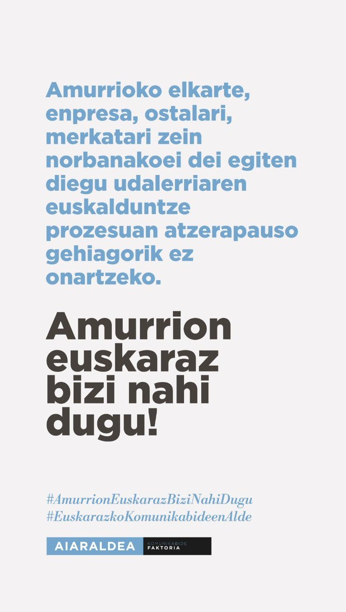 Amurrioko Udalak Aiaraldea Komunikabideari diru-laguntza kentzea erabaki du.

aiaraldea.eus/aiaraldea/1716…

Gertaera larri honen aurrean Amurrioko eta eskualdeko herritarrak euskaraz bizitzeko tresnen alde egitera deitzen ditugu!

#AmurrionEuskarazBiziNahiDugu