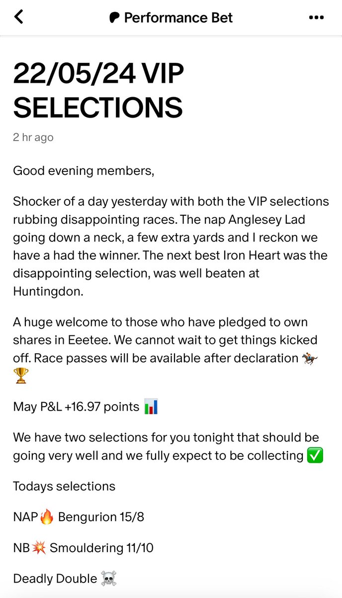 BOOOOOM 🚀🚀🚀

VIP FULL HOUSE BABY 🏆

NAP🔥 Bengurion 9/4
NB💥 Smouldering 7/4 

Deadly Double ☠️ 8.94/1

+11.94 points profit today ✅

May P&L +28.91 points 📊

Why are you missing out of this consistent profit? On track for 5 out of 5 months profit 💰