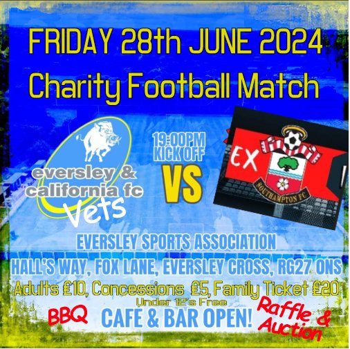 Summer fun down at Eversley and this is an event to look forward to!
FRIDAY 28th JUNE our Vets side take on some familiar former Sounthampton players!!
Basic details are on the poster, more details to come, so keep your eyes peeled. We hope to see as many people down as possible