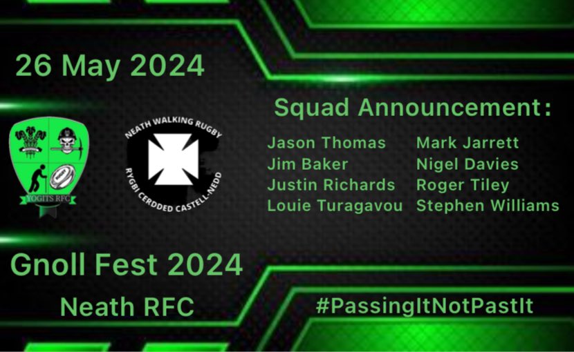 Squad Announcement: Our Walkers return to action this weekend at the World Famous Gnoll, home of @NeathWalkRugby for Gnoll Fest 2024. We’re looking forward to a bank holiday sunday stroll on the hallowed turf of Neath 🟢⚫️ #PassingItNotPastIt