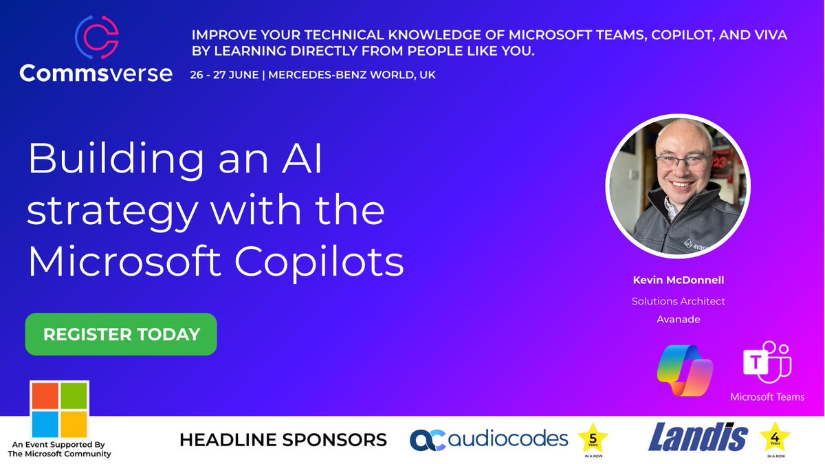 Building an AI strategy with the Microsoft Copilots by Kevin McDonnell at Commsverse 2024 📢 events.justattend.com/events/confere… #commsverse #microsoftteams #techcommunity