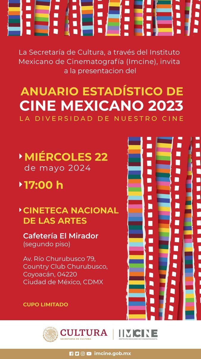 En un par de horas presentamos el Anuario Estadístico de Cine Mexicano 2023 📊

Puedes seguir la transmisión por #FacebookLive y #YouTubeLive.
