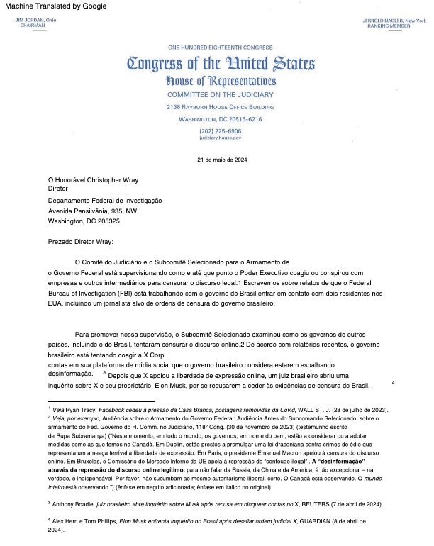 shellenberger's tweet photo. A maioria dos americanos pensa que o Brasil é uma democracia liberal, mas não é. O presidente @LulaOficial está reprimindo a liberdade de expressão, e um juiz desonesto da Suprema Corte chamado @Alexandre de Moraes está exigindo que as plataformas de mídia social proíbam jornalistas e políticos de quem ele não gosta. 

Mas agora, graças aos TWITTER FILES - BRAZIL, todos podem ver a censura criminosa de Lula e de Moraes, e o Congresso dos EUA exige respostas do FBI sobre o seu papel na marcha do Brasil para o totalitarismo. Obrigado  Rep. @Jim_Jordan