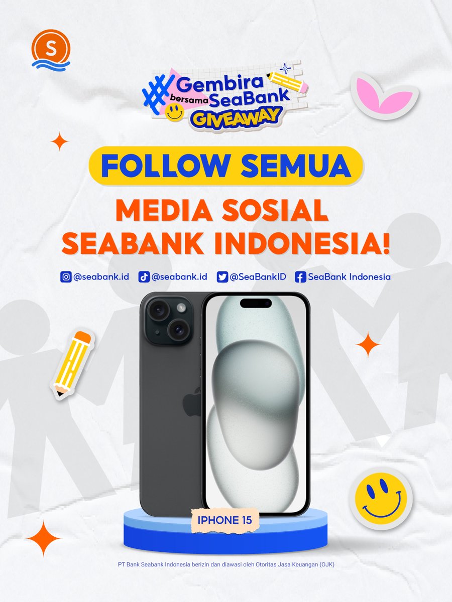 🎉KESEMPATAN TERAKHIR: IPHONE 15🎉
FOLLOW & MENANGKAN!

Caranya cuma:
1. FOLLOW & LIKE semua Sosmed SeaBank
2. RT & REPLY '#GembiraBersamaSeaBank' serta username semua Sosmedmu

Info lebih lengkap cek di sini 👉 instagram.com/seabank.id/