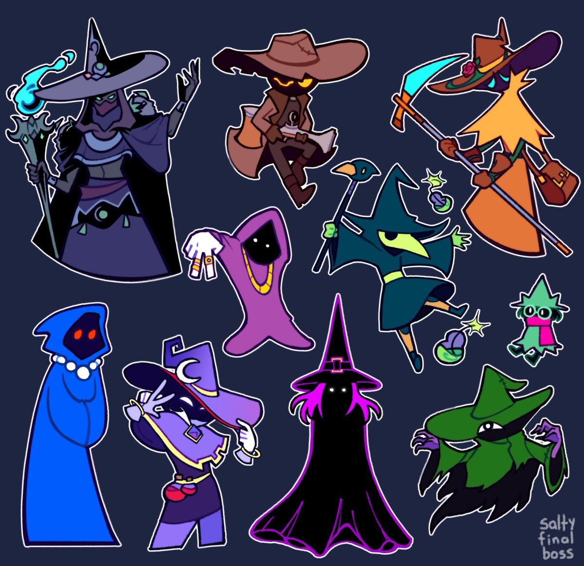 assortment of wizard(-y) characters i've been meaning to show some love for :] have a nice wizard wednesday ! 🧙‍♂️✨ [ #deadcells #shovelknight #everhood #deltarune ]