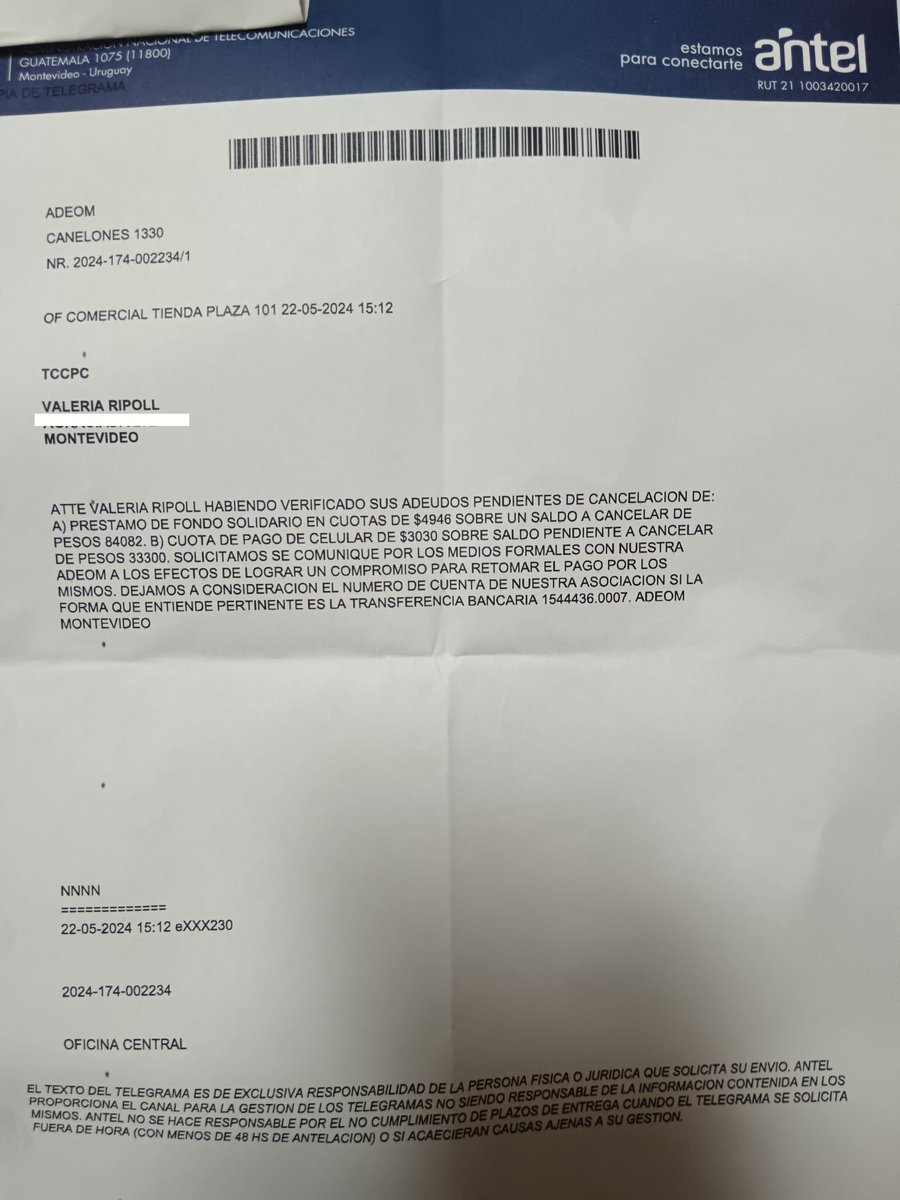 📤DEUDAS RIPOLL  

🔴ADEOM Montevideo intimó por telegrama colacionado a <a href="/Valeriaripoll3/">Valeria Ripoll</a> a pagar adeudos con el gremio municipal por préstamos y un Iphone que compró con dinero del sindicato.
