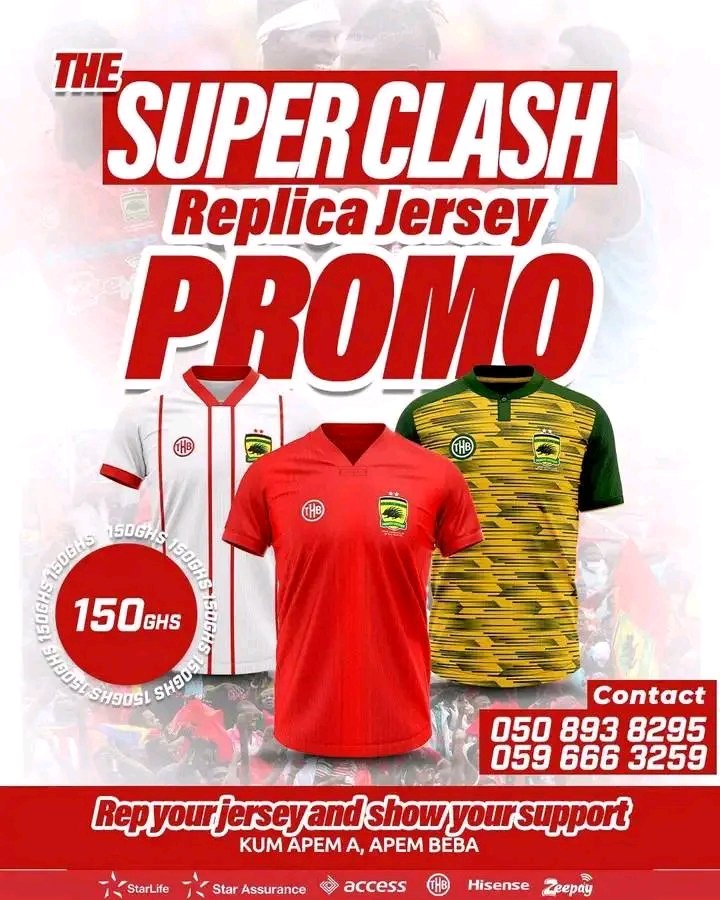 Super things happen when it’s #SUPERCLASH. As our way of saying thank you for your unwavering support, our replica jerseys will be selling at 150 cedis ahead of the big game on Sunday.

Rep yours in style by contacting any of the numbers provided.

0508938295 / 0596663259