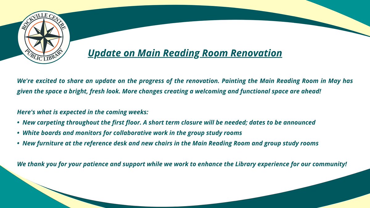 An update from RVCPL.📚

#RVCLibrary #RockvilleCentre #LibraryTwitter