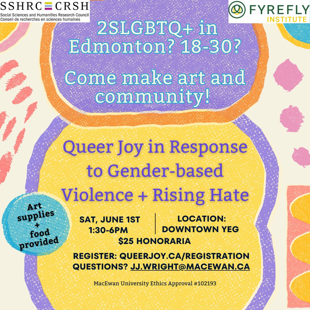 So delighted to bring the Queer Joy! Project to Edmonton, AB. Please share word of the event so it can reach queer and trans young folks who want to make art, share food, and celebrate queer joy in the face of rising anti-2SLGBTQ+ hate! @fyrefly_ua #queerjoy #transjoy #abpoli
