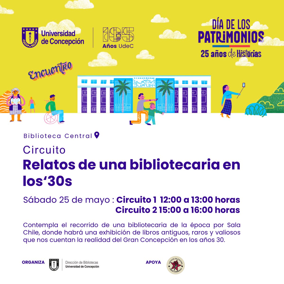 Bibliotecas UdeC (@udecbibliotecas) on Twitter photo #DíaDeLosPatrimonios¡Descubre la historia del Gran Concepción en el Circuito “Relatos de una Bibliotecaria en los ’30s” en el Hall de la Biblioteca Central! de la <a href="/udeconcepcion/">Universidad de Concepción</a> y Exhibición de libros antiguos. 📍 25 mayo 2024, 🕒 12:00 - 13:00 y 15:00 - 16:00. ¡No te lo pierdas! #DíaDeLosPatrimonios¡Descubre la historia del Gran Concepción en el Circuito “Relatos de una Bibliotecaria en los ’30s” en el Hall de la Biblioteca Central! de la <a href="/udeconcepcion/">Universidad de Concepción</a> y Exhibición de libros antiguos. 📍 25 mayo 2024, 🕒 12:00 - 13:00 y 15:00 - 16:00. ¡No te lo pierdas!