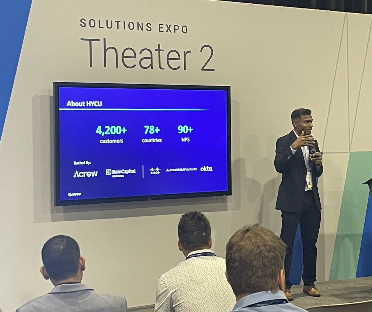 Our own @SubbiahSS sharing more on how we protect the data that powers your #ArtificialIntelligence strategy at #DellTechWorld. To learn more, stop by the Booth (1001) or reach out at info@hycu.com!