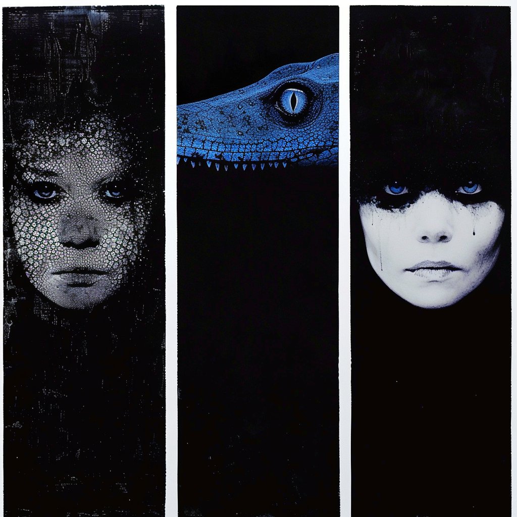 In triptych shadows, faces framed in night, A gaze of scales and eyes of blue collide. Between the human and reptilian sight, A dark enchantment where their worlds reside.