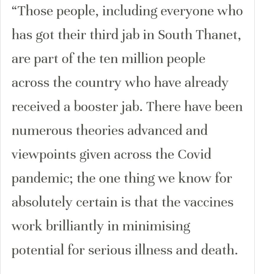 Vaccine Pimp Craig Urges South Thanet Residents To Protect Themselves With The Booster Jab. 

'The one thing we know for absolutely certain is that the vaccines work brilliantly in minimising potential for serious illness and death.'

craigmackinlay.com/news/2021/11/8…