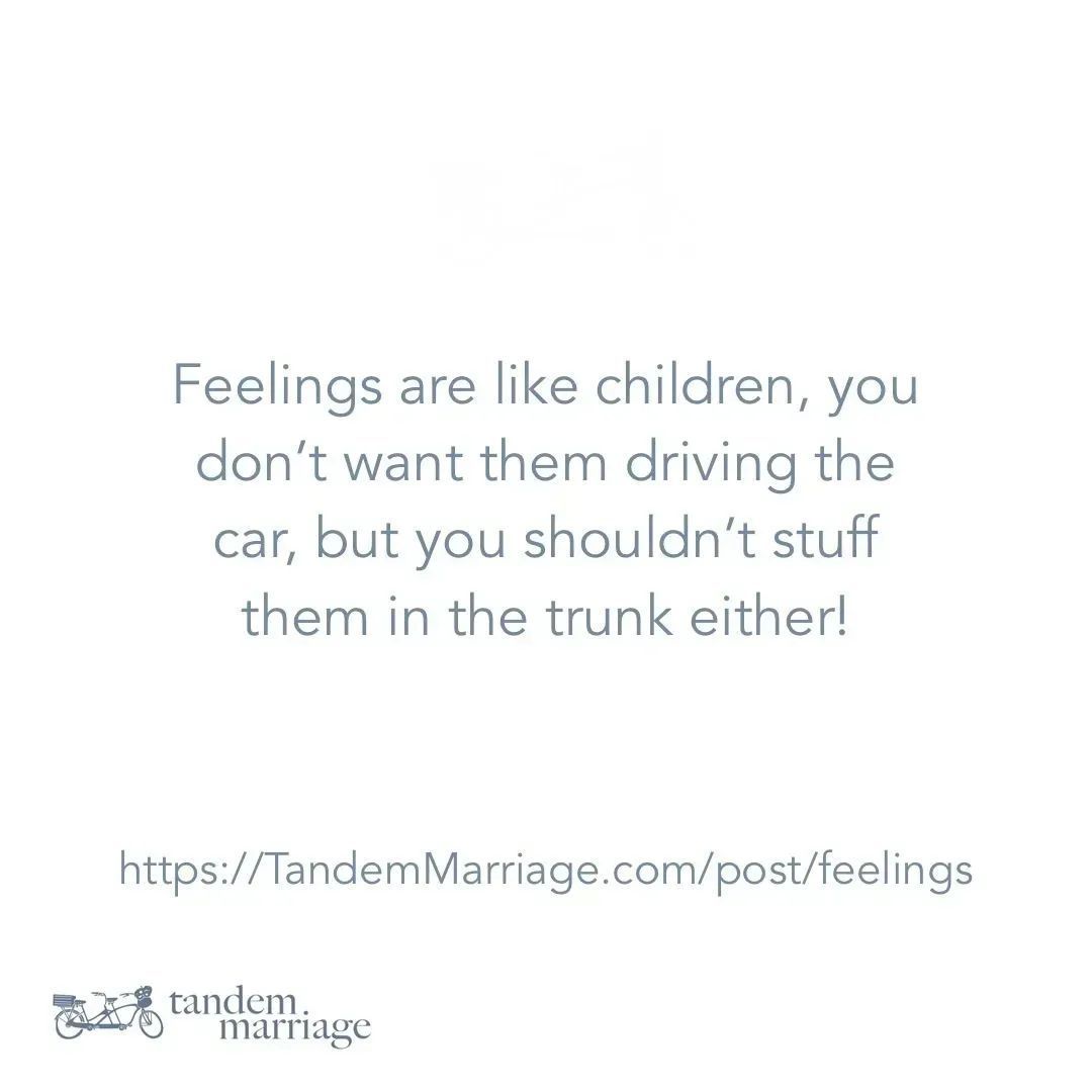 Feelings are like children, you don’t want them driving the car, but you shouldn’t stuff them in the trunk either!

When it comes to feelings (and children too), maybe the backseat is the safest place.
 
TandemMarriage.com/post/feelings
 
#TeamUs #MarriageEducation #MarriageGoals