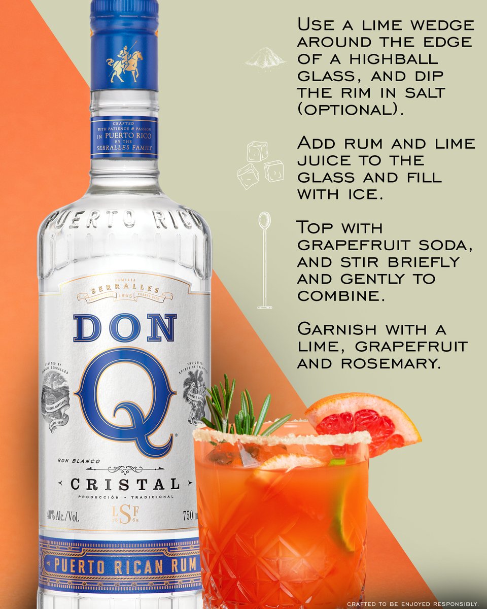Celebrate World Paloma Day with flair! Swap tequila for 2 oz. Don Q Cristal rum, add ½ oz. lime juice, and top with grapefruit soda. Garnish with lime, grapefruit, and rosemary. Share this refreshing twist with loved ones for an unforgettable toast! Cheers!