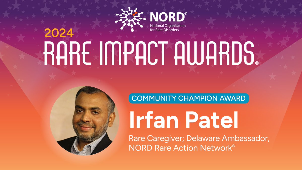 One of our #RareImpactAwards winners is Irfan Patel from #Delaware!

A caregiver to kids with methylmalonic #acidemia, and himself recently diagnosed, Irfan got this disorder included in newborn screening and is a @RareAction Ambassador and #RDAC member! rareimpact.org