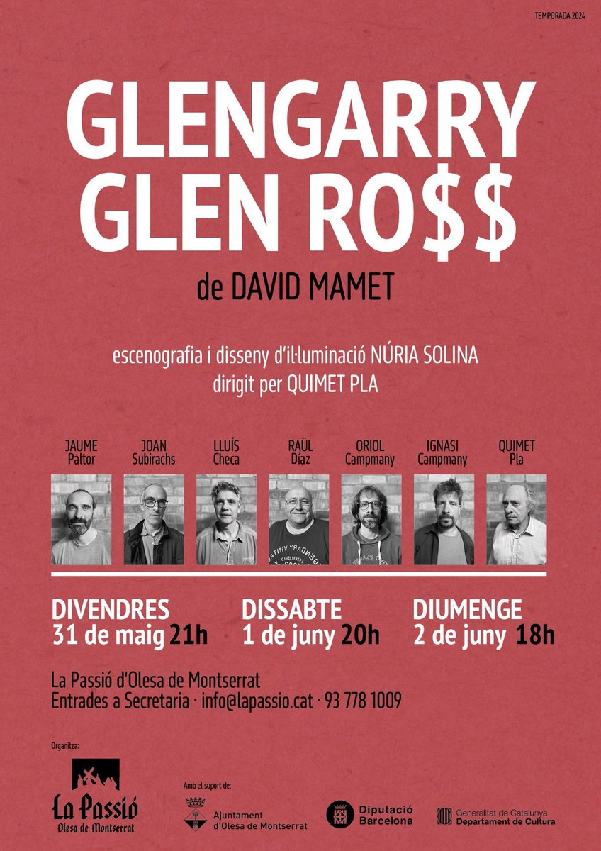 lapassio's tweet photo. 🎭 La setmana que ve torna el teatre a La Passió d'Olesa amb una proposta 100% de la casa: Glengarry Glen Ro$$, dirigida per Quimet Pla. 🗓️ 31 de maig, 1 i 2 de juny. 🎫 ja a la venda a Secretaria.

#lapassiodOlesa #teatre #olesademontserrat https://t.co/Eai1qzGusf