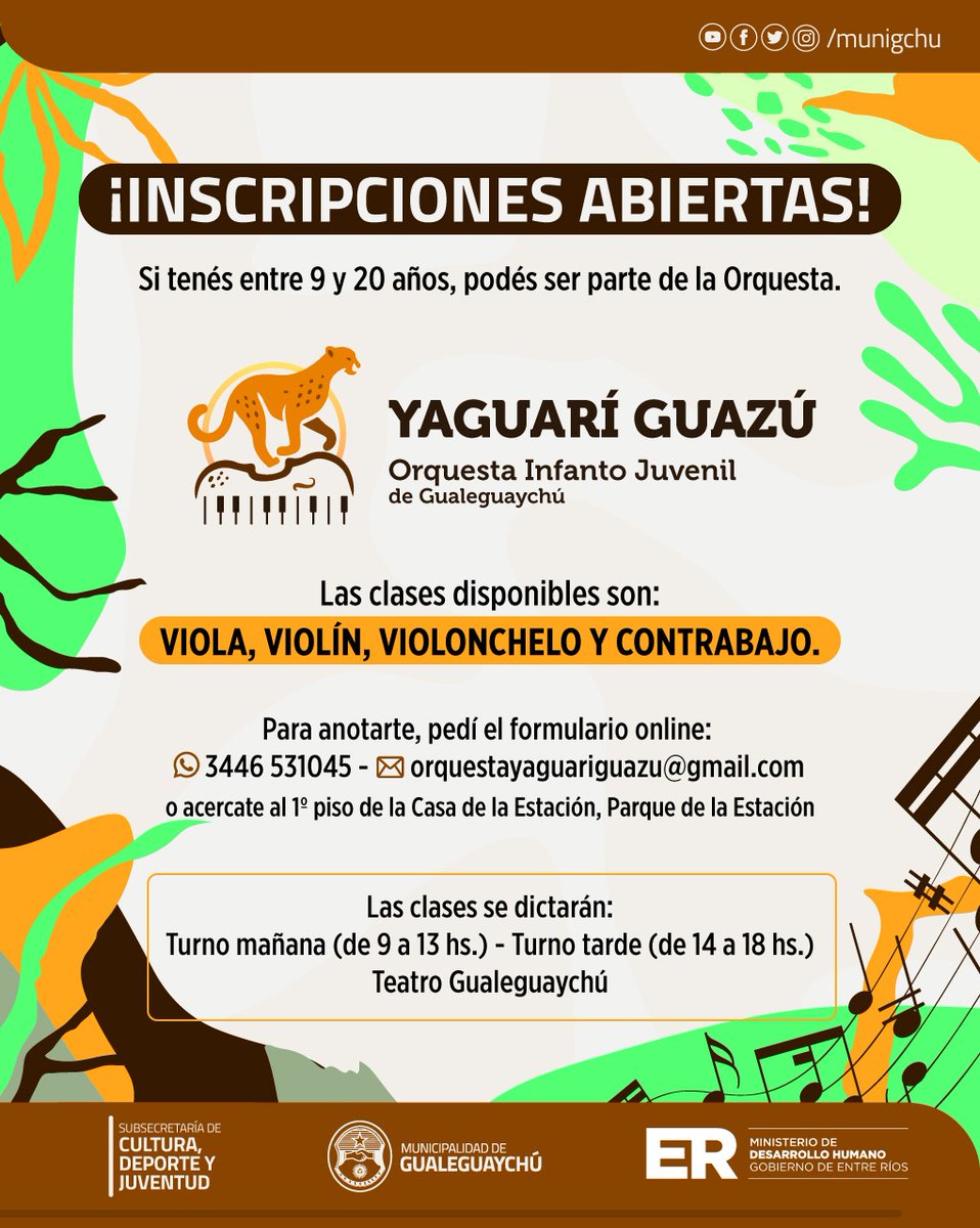 #Gualeguaychú tiene orquesta y tengo la hermosa labor de dirigirla y organizarla. En breve empiezan las clases y son gratuitas. Si tenés entre 9 y 20 años podés aprender: violín, viola, violonchelo y contrabajo.
¡Aprovechá e inscribite!