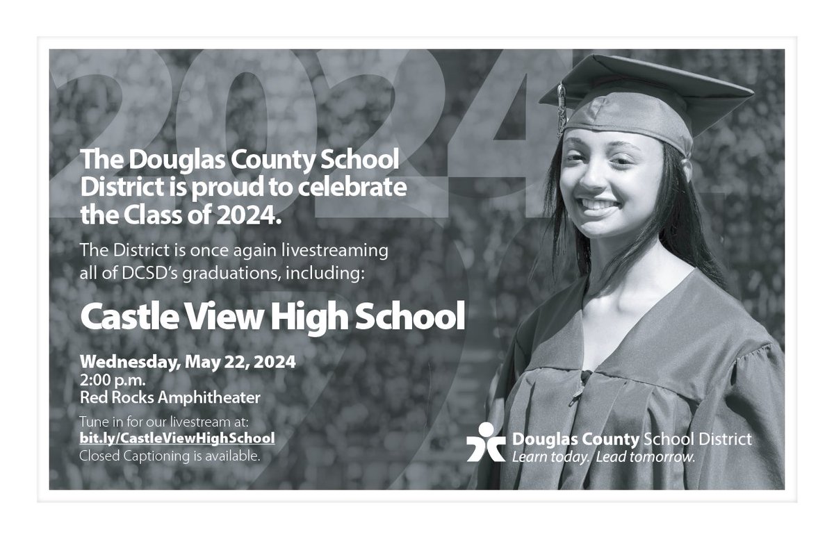 Congratulations Class of 2024 graduates! 🎓 🎉 Starts in one hour! Castle View High School Wednesday, May 22 at 2:00 p.m. Red Rocks Amphitheater Livestream link: pulse.ly/shkzkwnomd Find all 2024 Graduation Ceremony information at pulse.ly/h3sgnv9hzc