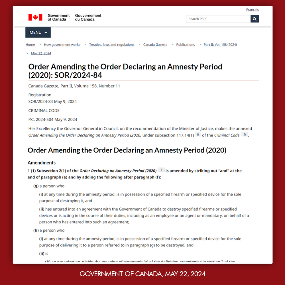 🚨 BREAKING 🚨
The Government of Canada has amended the May 2020 OIC gun ban. Details below 👇
Source: canadagazette.gc.ca/rp-pr/p2/2024/… #cdnpoli #TeamCCFR