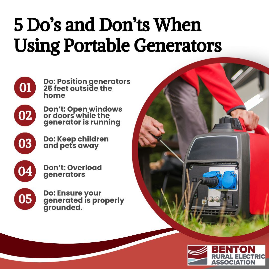 BentonREA's tweet image. Follow these do’s and don’ts when to ensure safe use of portable generators. 

With proper use and maintenance, portable generators can provide great convenience during an outage. 

#Generatorsafety #dosanddonts