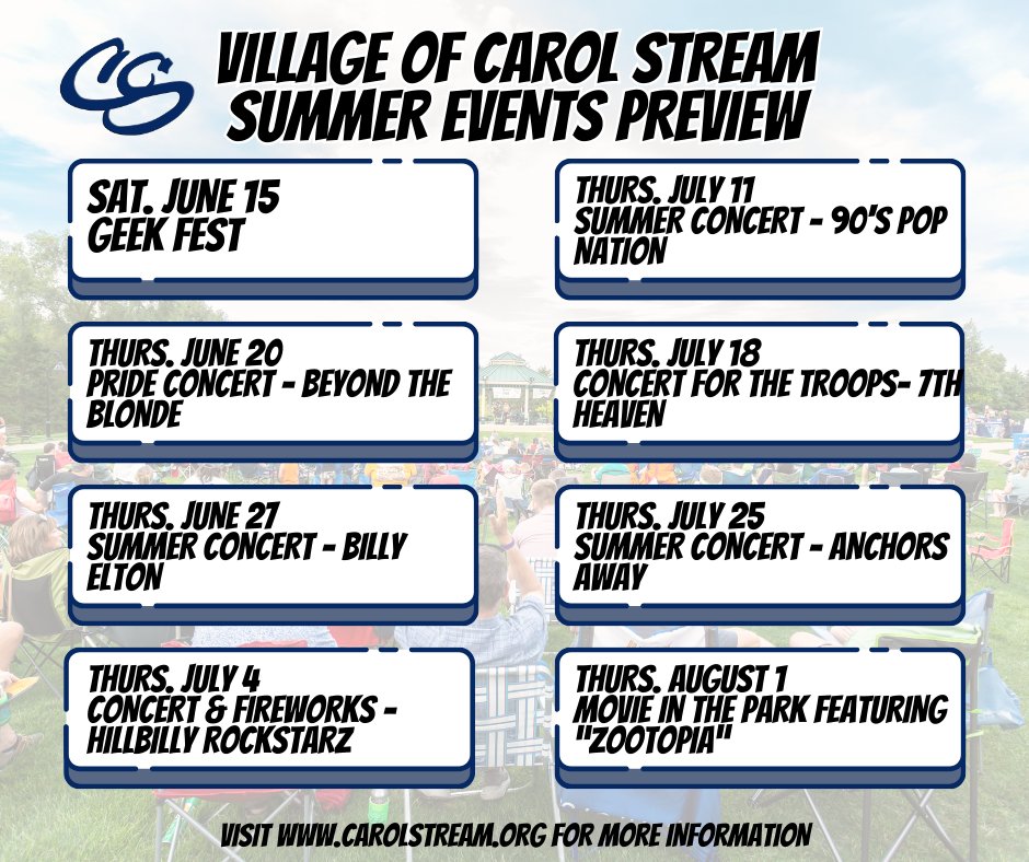 Summer is just around the corner, and so are the Village's special events! Join us in celebrating the summer season and creating lasting memories with friends and family. ☀️🎵

For more information, please visit the Village's website: carolstream.org/residents/vill….